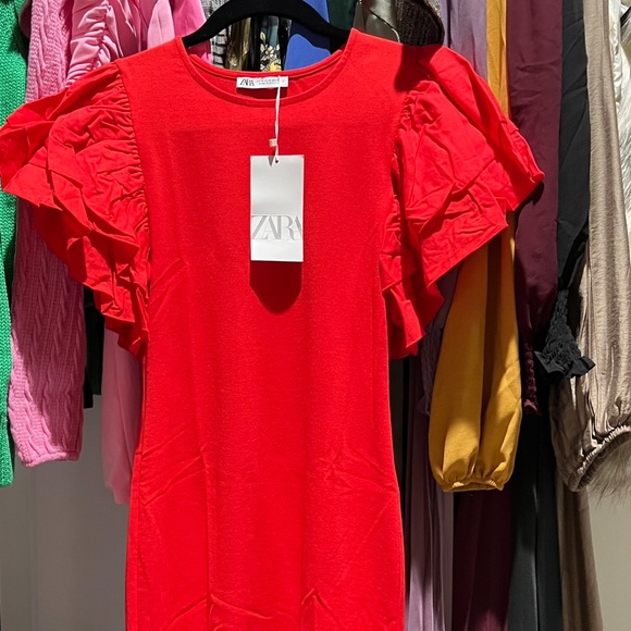 Zara Red Ruffled Poplin Sleeves Mini Dress - Picture 9 of 9